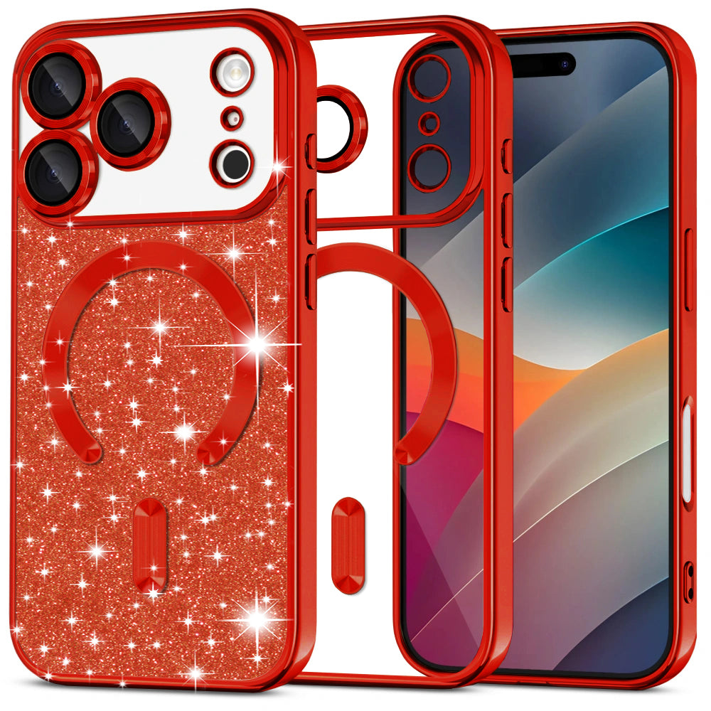 Custodia MagSafe per Apple iPhone 17 Pro Max, Techsuit, Luxury Glitter, Rossa