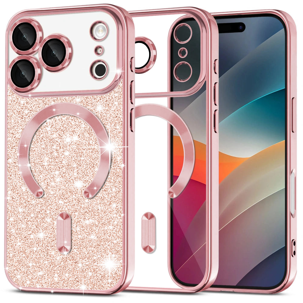 Custodia MagSafe per Apple iPhone 17 Pro Max, Techsuit, Luxury Glitter, Rosa Dorato