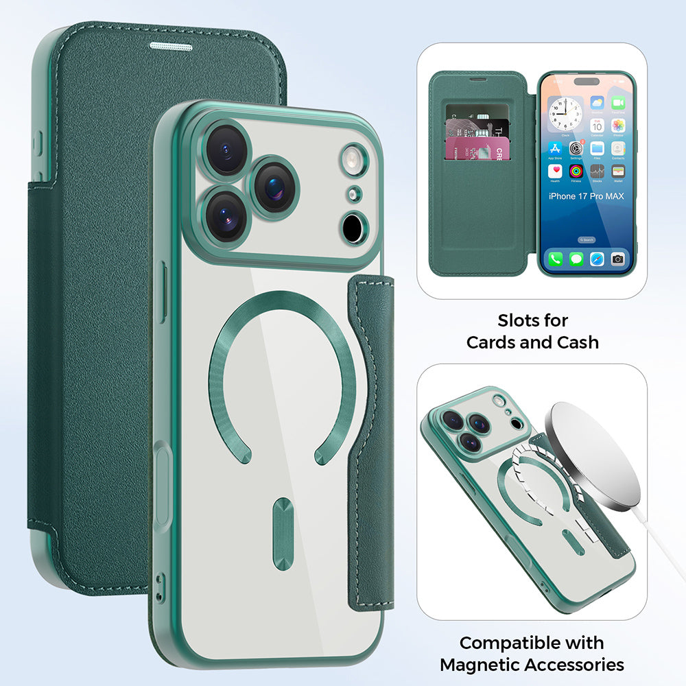 Custodia MagSafe per Apple iPhone 17 Pro Max, Techsuit, SmartMag Book, Verde