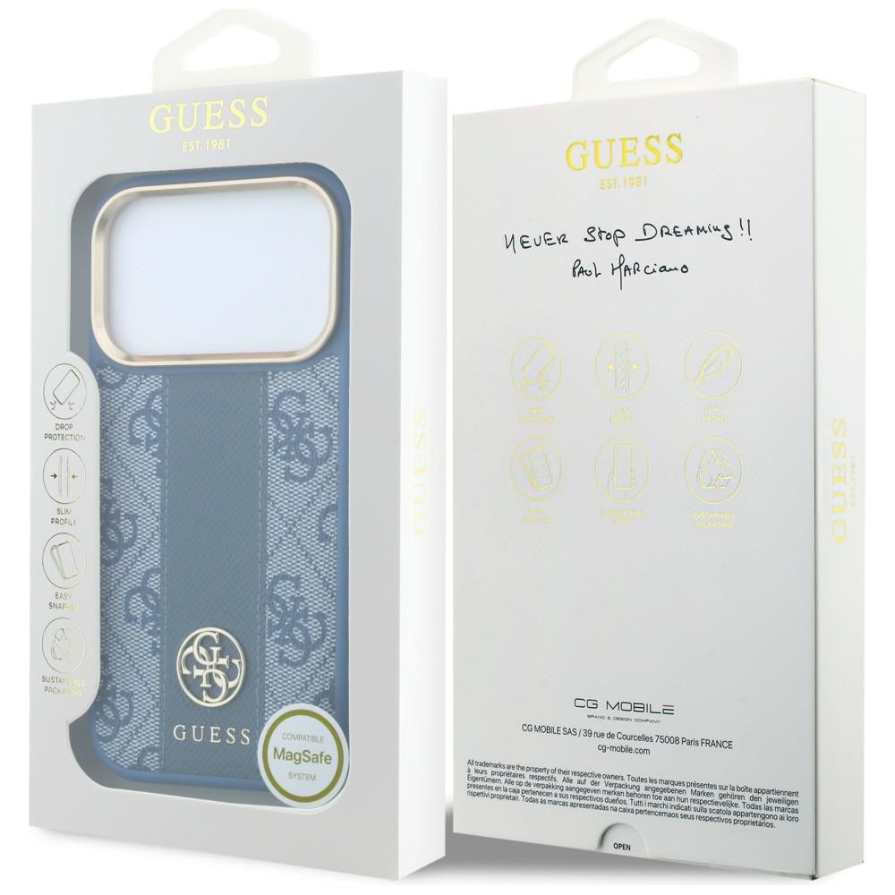 Custodia MagSafe per Apple iPhone 18 Pro / 17 Pro, Guess, 4G Stripe Round Classic Logo, Blu