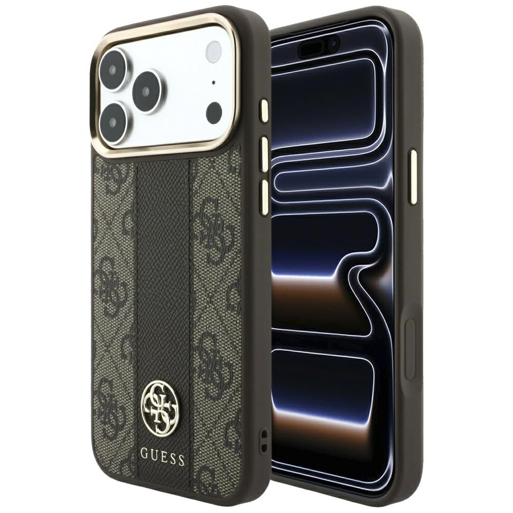 Custodia MagSafe per Apple iPhone 18 Pro / 17 Pro, Guess, 4G Stripe Round Classic Logo, Marrone
