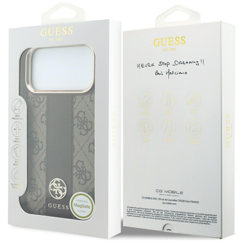 Custodia MagSafe per Apple iPhone 18 Pro / 17 Pro, Guess, 4G Stripe Round Classic Logo, Marrone