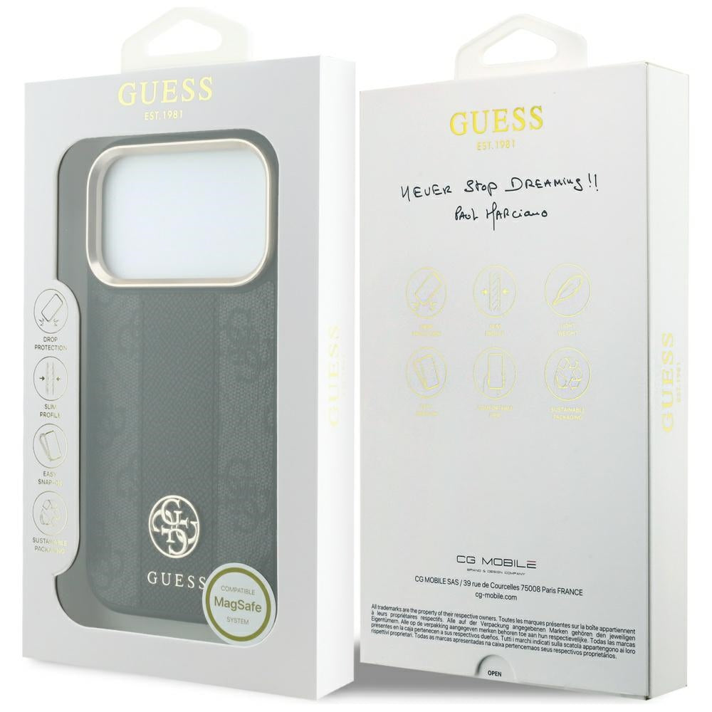 Custodia MagSafe per Apple iPhone 18 Pro / 17 Pro, Guess, 4G Stripe Round Classic Logo, Nera