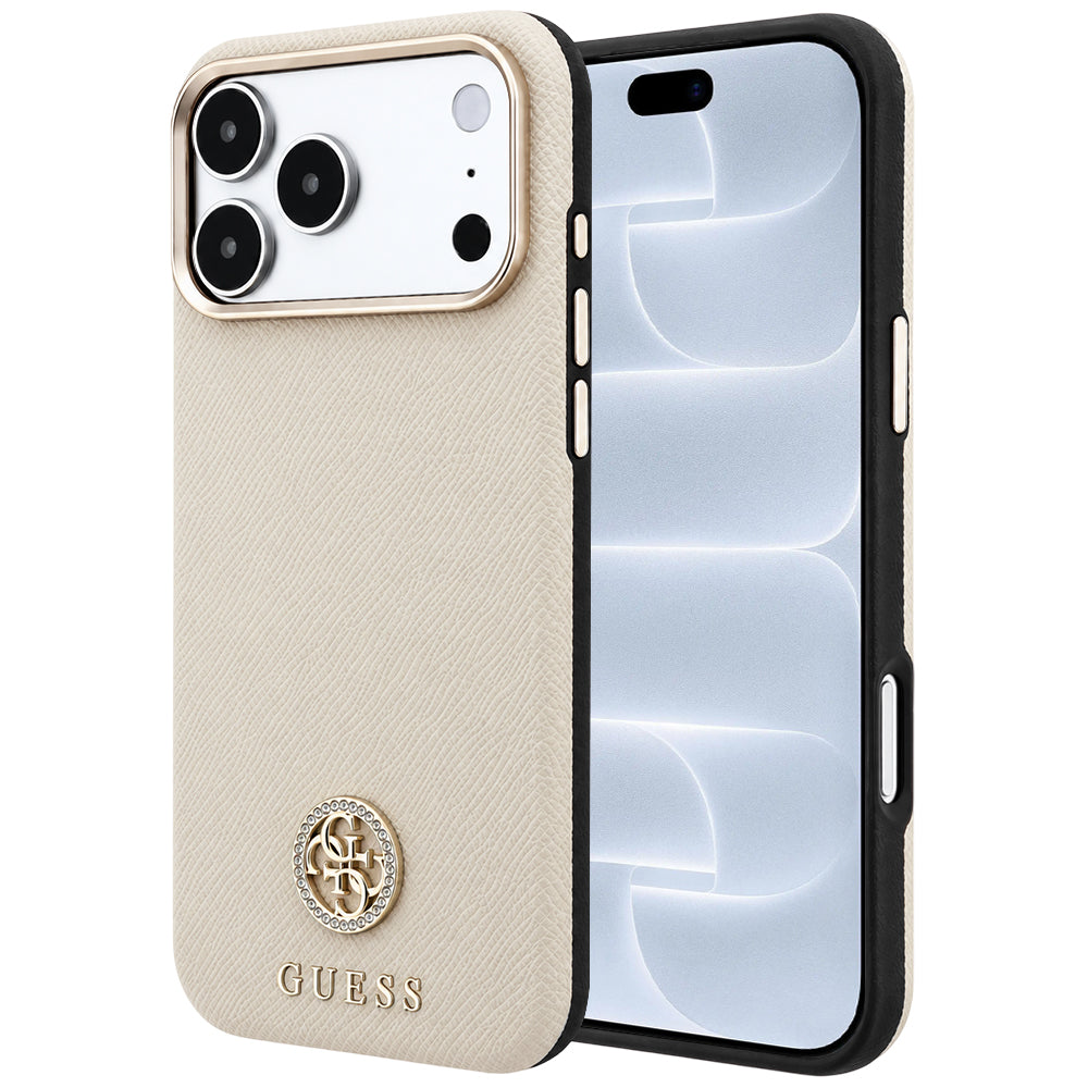 Custodia MagSafe per Apple iPhone 18 Pro / 17 Pro, Guess, Logo Strass Rotondo Grana, Beige
