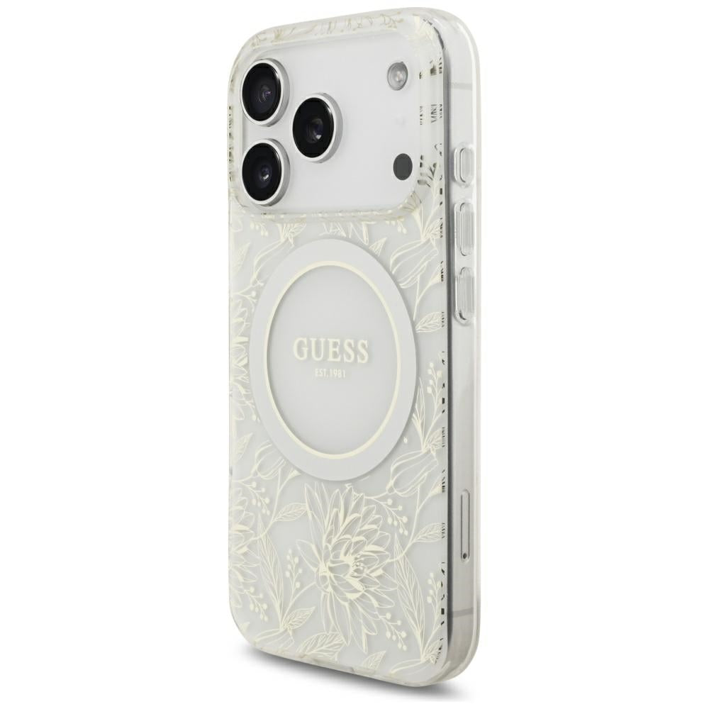 Custodia MagSafe per Apple iPhone 18 Pro / 17 Pro, Guess, IML Flowers Placcata con Cinturino in Perla, Bianca