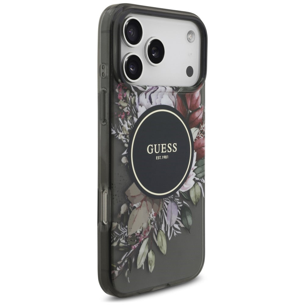 Custodia MagSafe per Apple iPhone 18 Pro / 17 Pro, Guess, IML Flowers with Pearl Strap, nera
