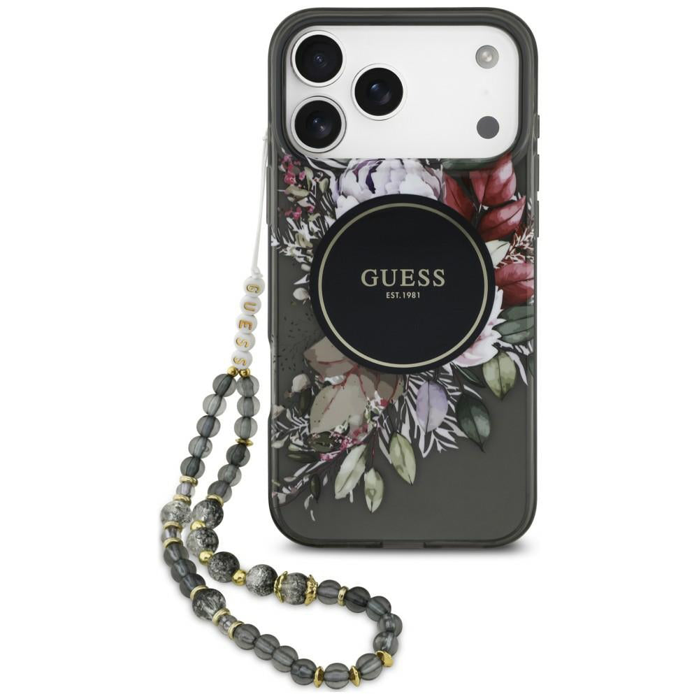 Custodia MagSafe per Apple iPhone 18 Pro / 17 Pro, Guess, IML Flowers with Pearl Strap, nera