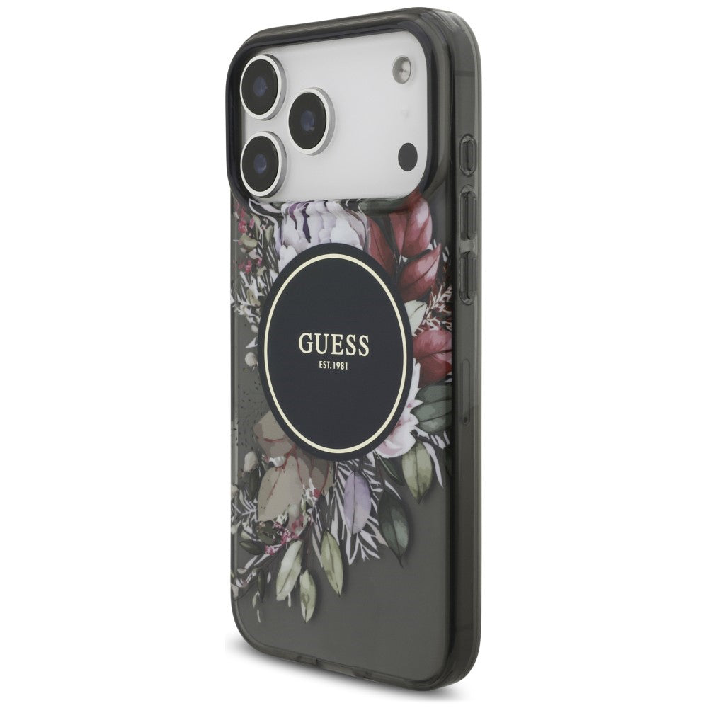 Custodia MagSafe per Apple iPhone 18 Pro / 17 Pro, Guess, IML Flowers with Pearl Strap, nera