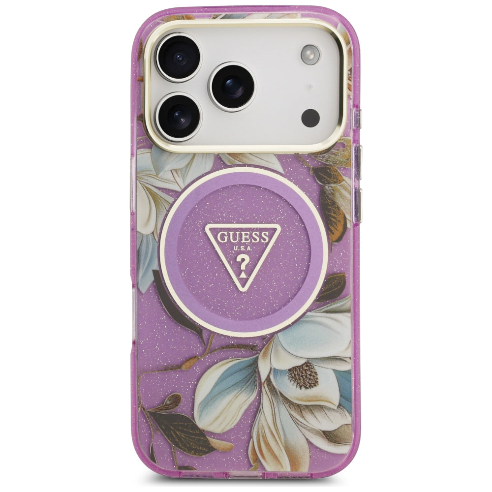 Custodia MagSafe per Apple iPhone 18 Pro / 17 Pro, Guess, IML Metal Glitter Flowers Triangle, Viola