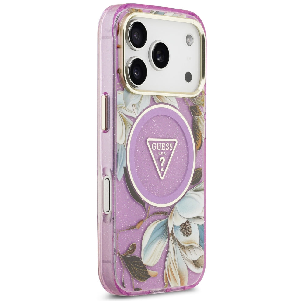 Custodia MagSafe per Apple iPhone 18 Pro / 17 Pro, Guess, IML Metal Glitter Flowers Triangle, Viola