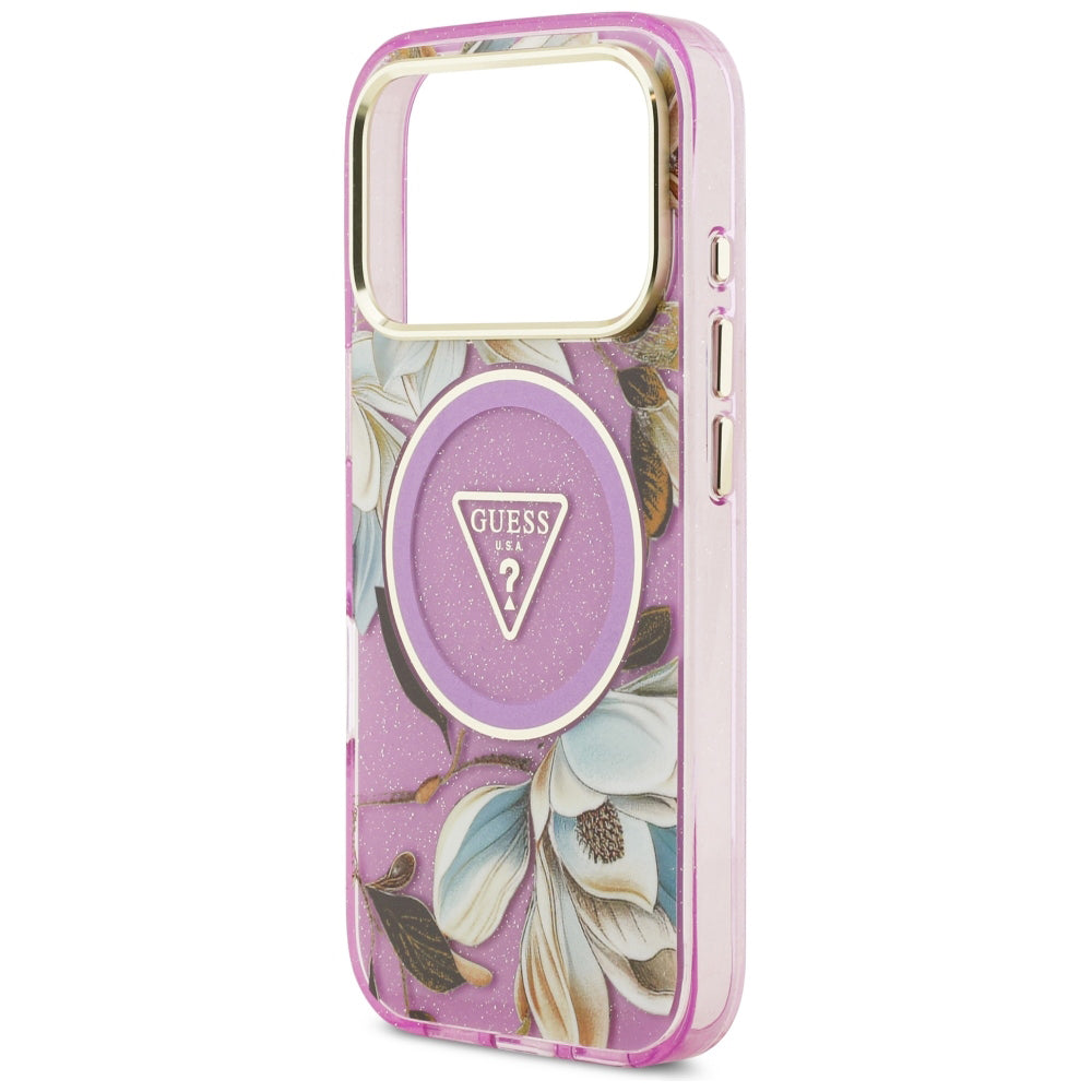 Custodia MagSafe per Apple iPhone 18 Pro / 17 Pro, Guess, IML Metal Glitter Flowers Triangle, Viola