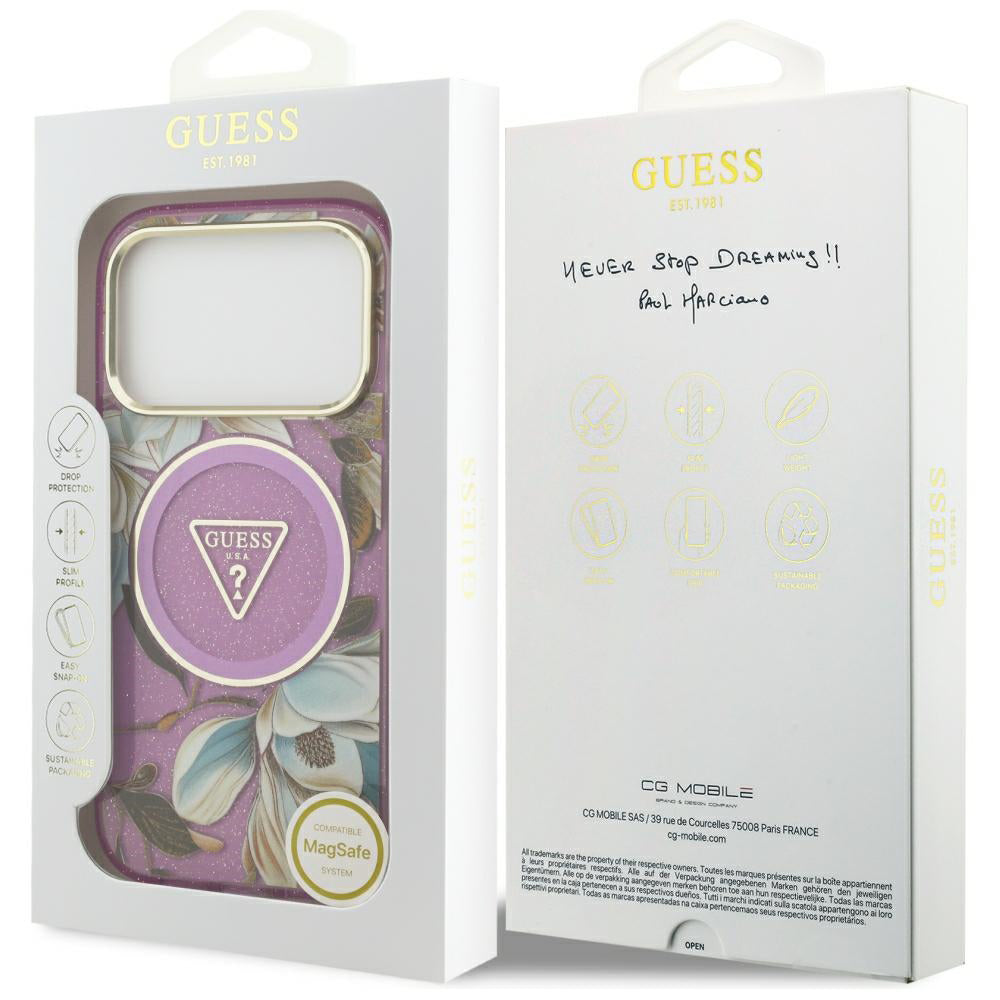 Custodia MagSafe per Apple iPhone 18 Pro / 17 Pro, Guess, IML Metal Glitter Flowers Triangle, Viola
