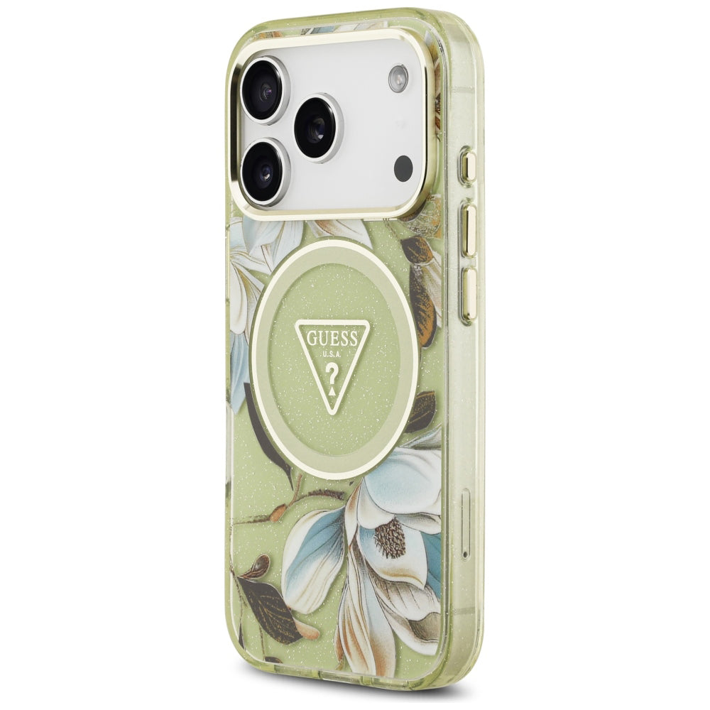 Custodia MagSafe per Apple iPhone 18 Pro / 17 Pro, Guess, IML Metal Glitter Flowers Triangle, Verde