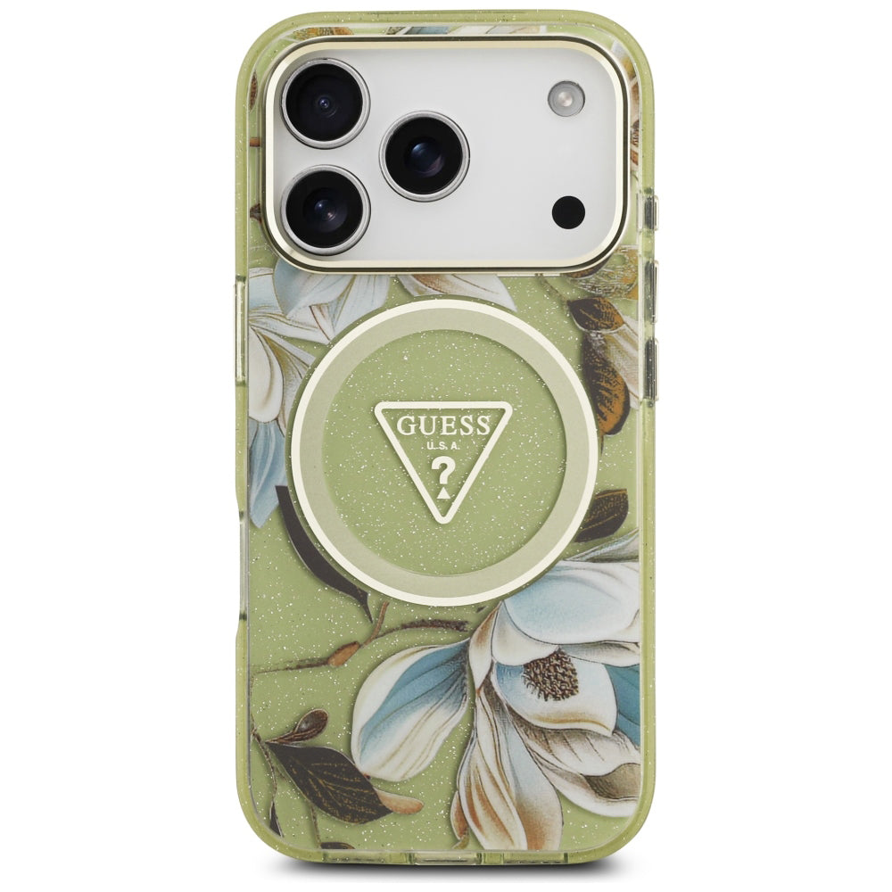 Custodia MagSafe per Apple iPhone 18 Pro / 17 Pro, Guess, IML Metal Glitter Flowers Triangle, Verde