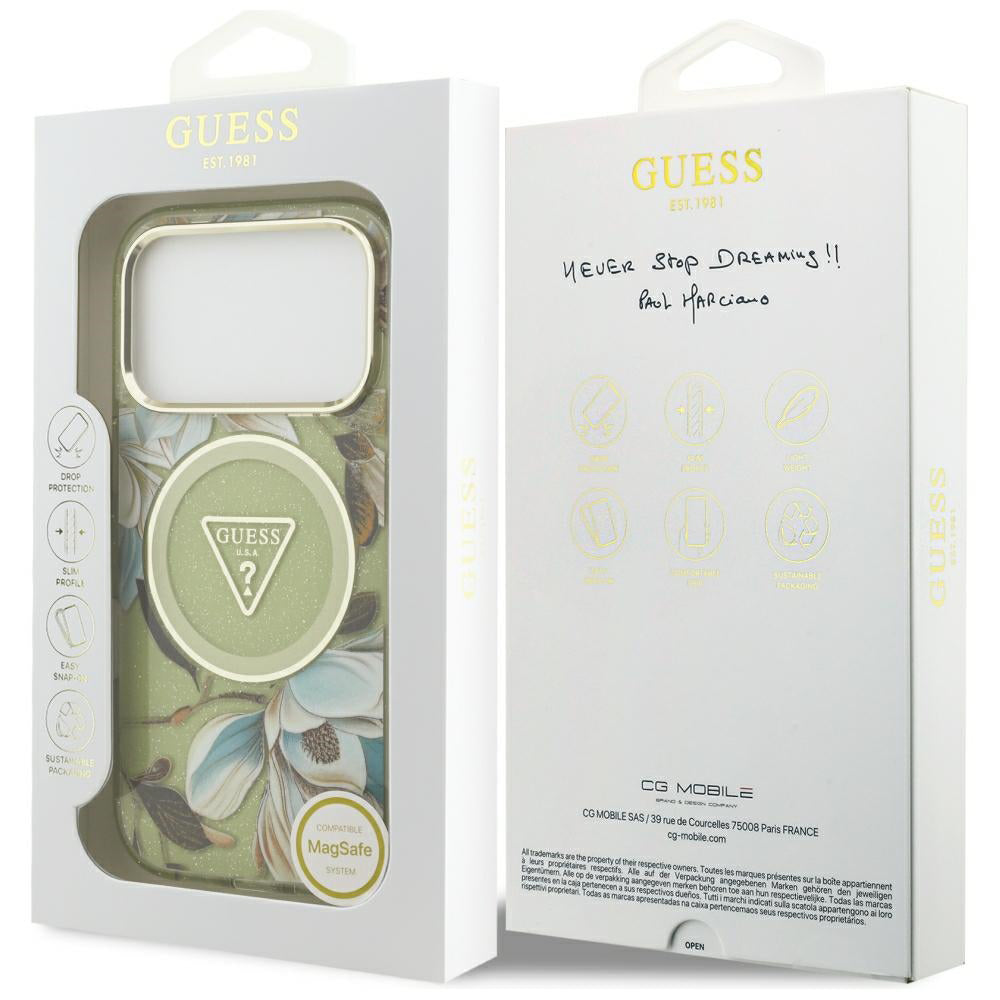 Custodia MagSafe per Apple iPhone 18 Pro / 17 Pro, Guess, IML Metal Glitter Flowers Triangle, Verde