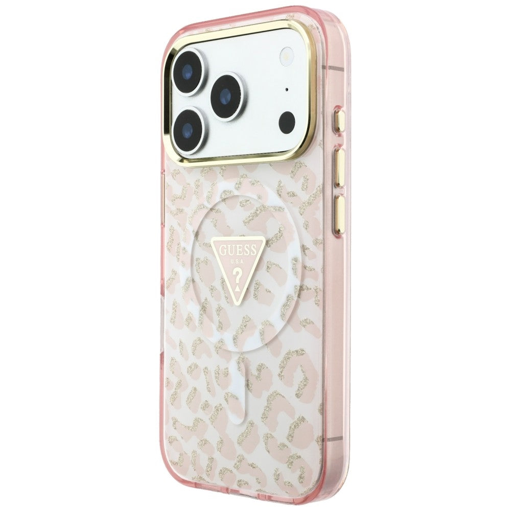 Custodia MagSafe per Apple iPhone 18 Pro / 17 Pro, Guess, Logo Triangolo Glitter Leopardo, Rosa