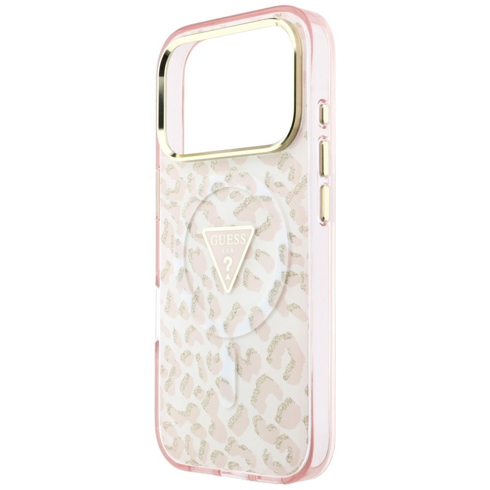 Custodia MagSafe per Apple iPhone 18 Pro / 17 Pro, Guess, Logo Triangolo Glitter Leopardo, Rosa