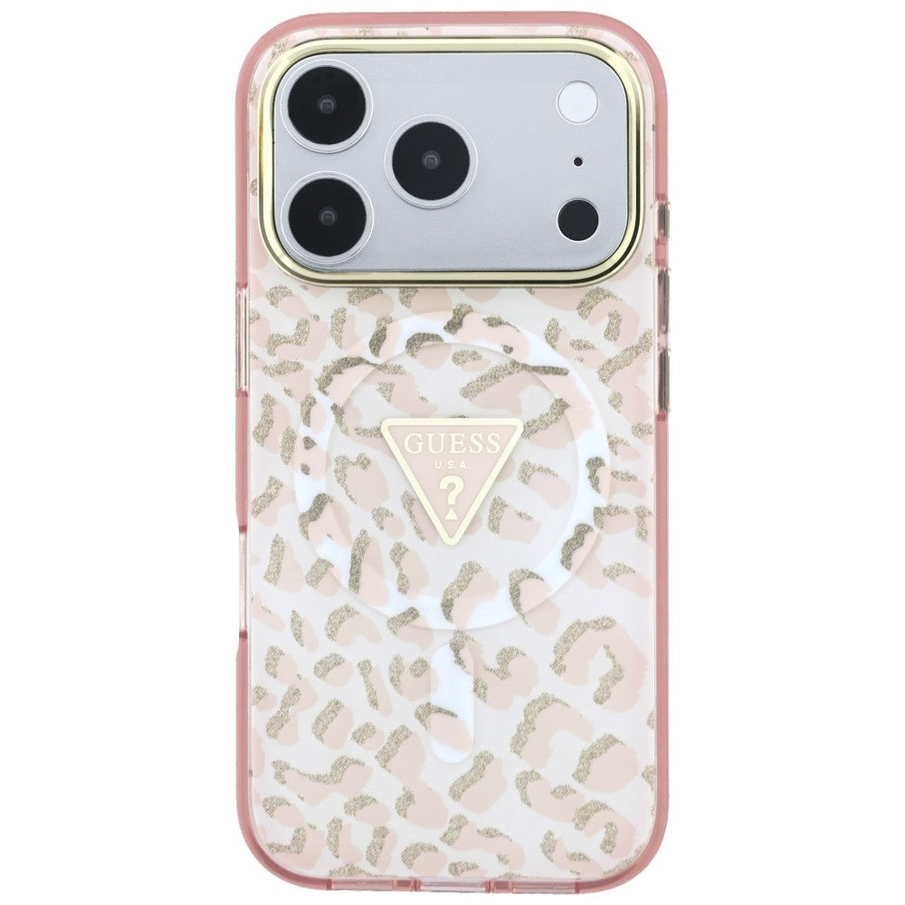 Custodia MagSafe per Apple iPhone 18 Pro / 17 Pro, Guess, Logo Triangolo Glitter Leopardo, Rosa