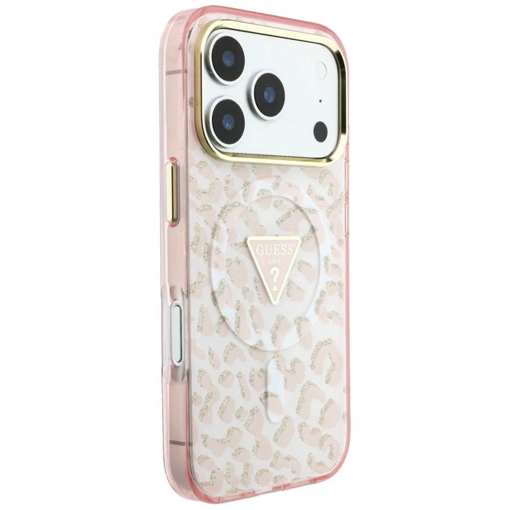 Custodia MagSafe per Apple iPhone 18 Pro / 17 Pro, Guess, Logo Triangolo Glitter Leopardo, Rosa