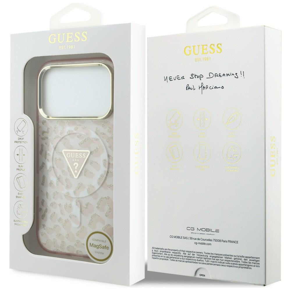 Custodia MagSafe per Apple iPhone 18 Pro / 17 Pro, Guess, Logo Triangolo Glitter Leopardo, Rosa