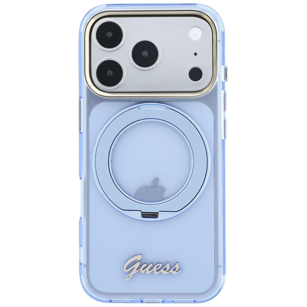 Custodia MagSafe per Apple iPhone 18 Pro / 17 Pro, Guess, Ring Stand Script Metal Logo, Blu