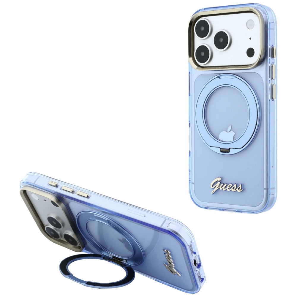 Custodia MagSafe per Apple iPhone 18 Pro / 17 Pro, Guess, Ring Stand Script Metal Logo, Blu