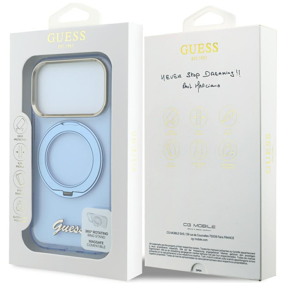 Custodia MagSafe per Apple iPhone 18 Pro / 17 Pro, Guess, Ring Stand Script Metal Logo, Blu