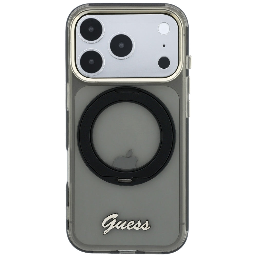 Custodia MagSafe per Apple iPhone 18 Pro / 17 Pro, Guess, Ring Stand Script Metal Logo, Nera