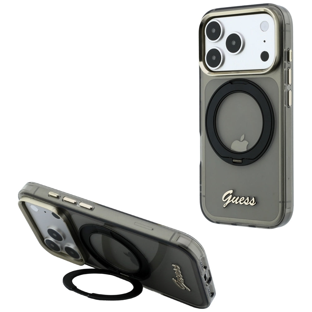 Custodia MagSafe per Apple iPhone 18 Pro / 17 Pro, Guess, Ring Stand Script Metal Logo, Nera