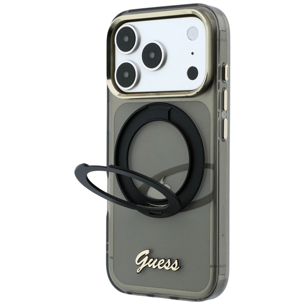 Custodia MagSafe per Apple iPhone 18 Pro / 17 Pro, Guess, Ring Stand Script Metal Logo, Nera