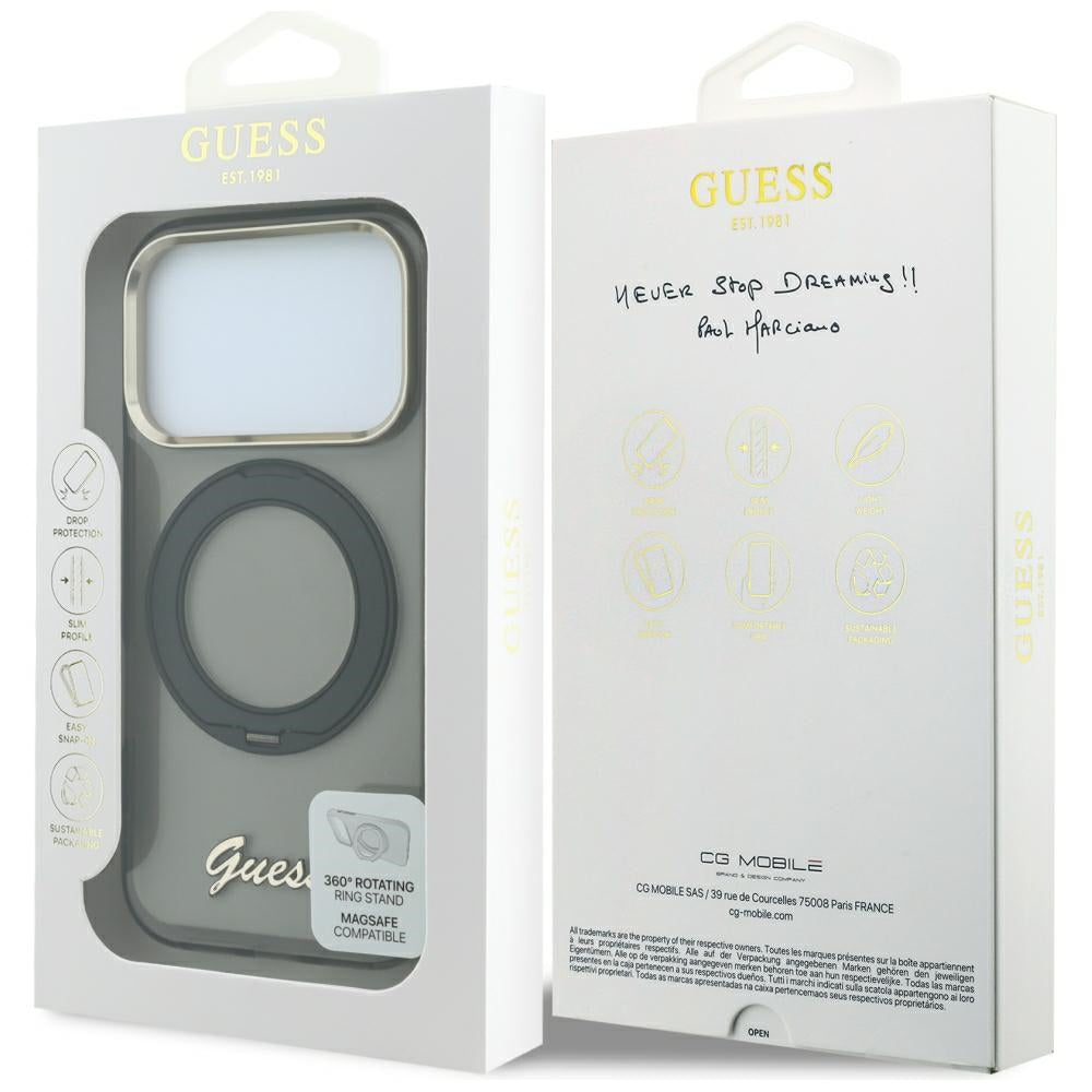 Custodia MagSafe per Apple iPhone 18 Pro / 17 Pro, Guess, Ring Stand Script Metal Logo, Nera
