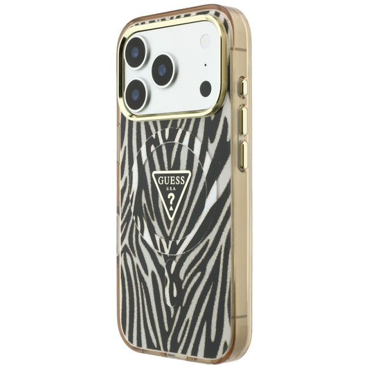 Custodia MagSafe per Apple iPhone 18 Pro / 17 Pro, Guess, Zebra Glitter Triangle Logo, Dorata