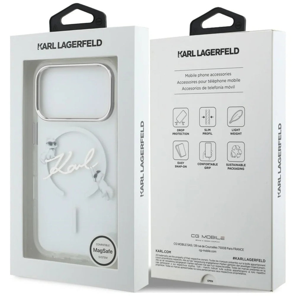 Custodia MagSafe per Apple iPhone 18 Pro / 17 Pro, Karl Lagerfeld, IML Choupette Karl Script Logo, Trasparente