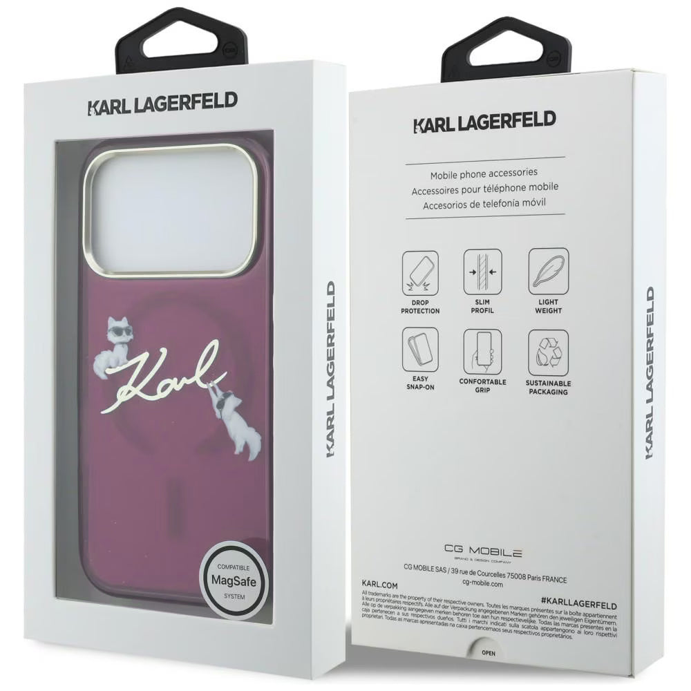 Custodia MagSafe per Apple iPhone 18 Pro / 17 Pro, Karl Lagerfeld, IML Choupette Karl Script Logo, Vinaccia