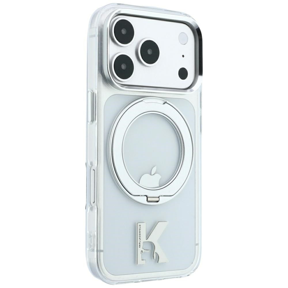 Custodia MagSafe per Apple iPhone 18 Pro / 17 Pro, Karl Lagerfeld, IML Ring Stand Kameo Metal, Trasparente