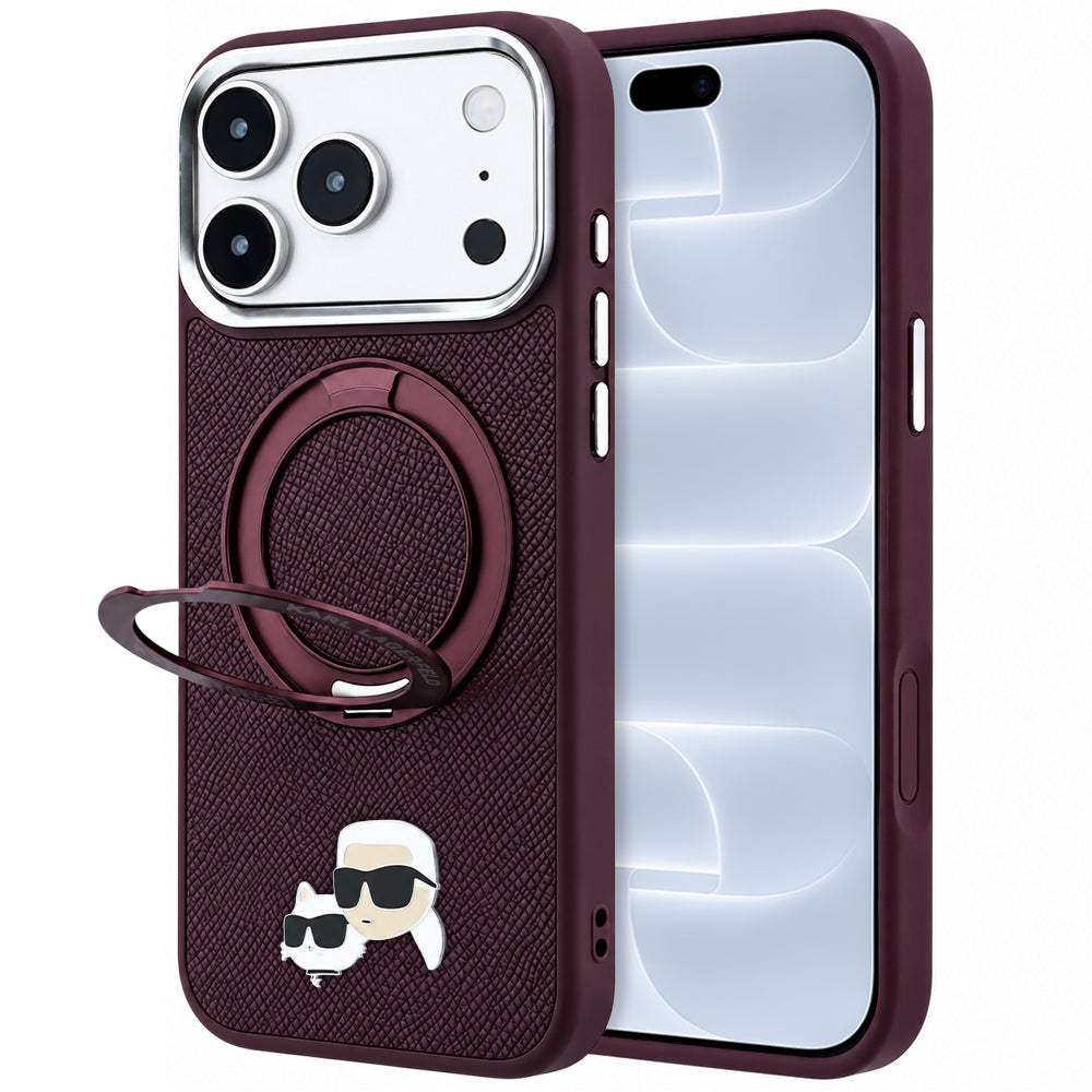 Custodia MagSafe per Apple iPhone 18 Pro / 17 Pro, Karl Lagerfeld, Ring Stand 360 Karl & Choupette Pin, Vinaccia