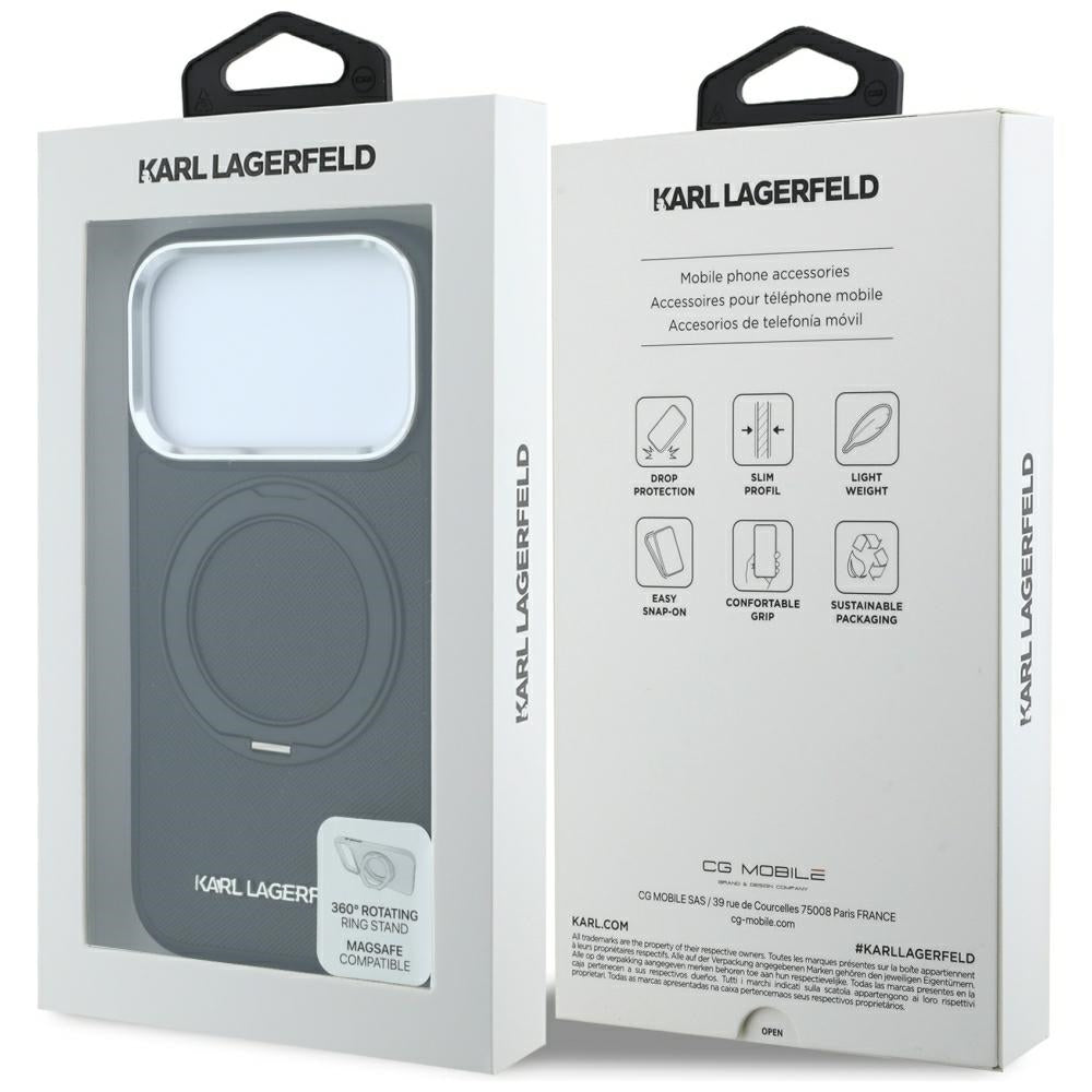 Custodia MagSafe per Apple iPhone 18 Pro / 17 Pro, Karl Lagerfeld, Ring Stand 360 Saffiano, Nera