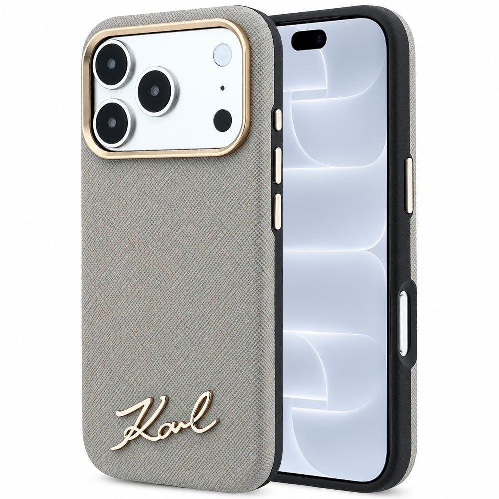 Custodia MagSafe per Apple iPhone 18 Pro / 17 Pro, Karl Lagerfeld, Saffiano Small Script Metal Logo, Grigio Beige