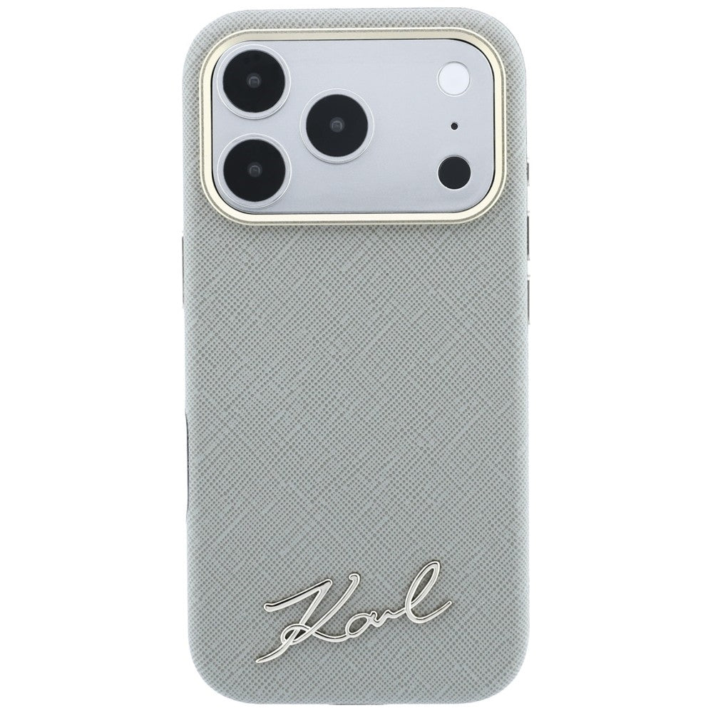 Custodia MagSafe per Apple iPhone 18 Pro / 17 Pro, Karl Lagerfeld, Saffiano Small Script Metal Logo, Grigio Beige