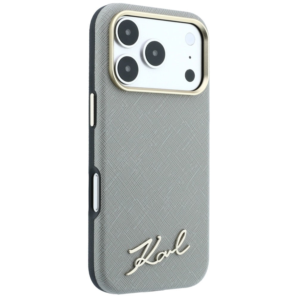 Custodia MagSafe per Apple iPhone 18 Pro / 17 Pro, Karl Lagerfeld, Saffiano Small Script Metal Logo, Grigio Beige
