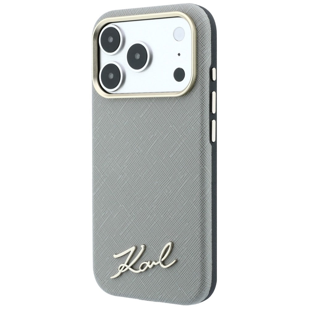 Custodia MagSafe per Apple iPhone 18 Pro / 17 Pro, Karl Lagerfeld, Saffiano Small Script Metal Logo, Grigio Beige