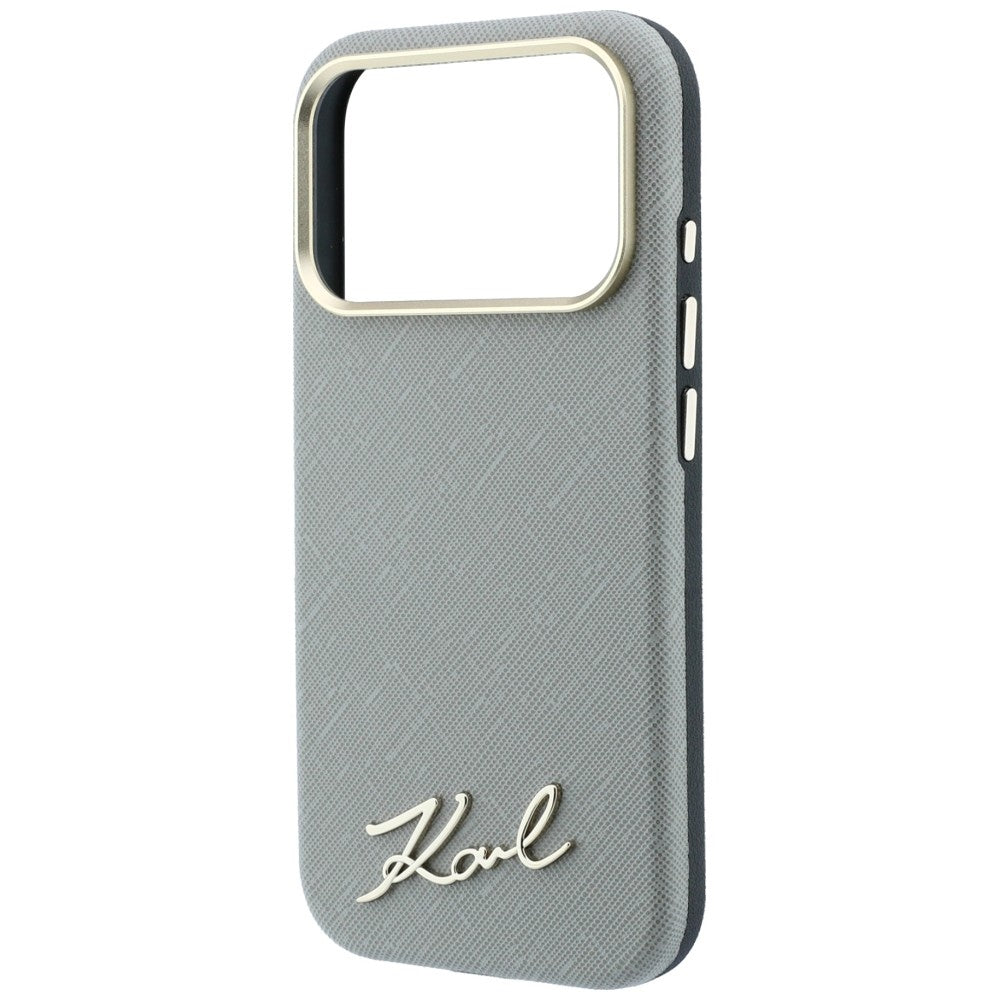 Custodia MagSafe per Apple iPhone 18 Pro / 17 Pro, Karl Lagerfeld, Saffiano Small Script Metal Logo, Grigio Beige