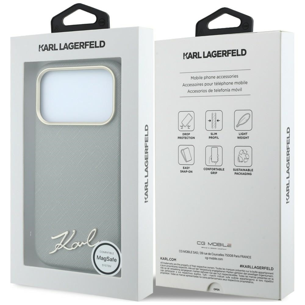 Custodia MagSafe per Apple iPhone 18 Pro / 17 Pro, Karl Lagerfeld, Saffiano Small Script Metal Logo, Grigio Beige