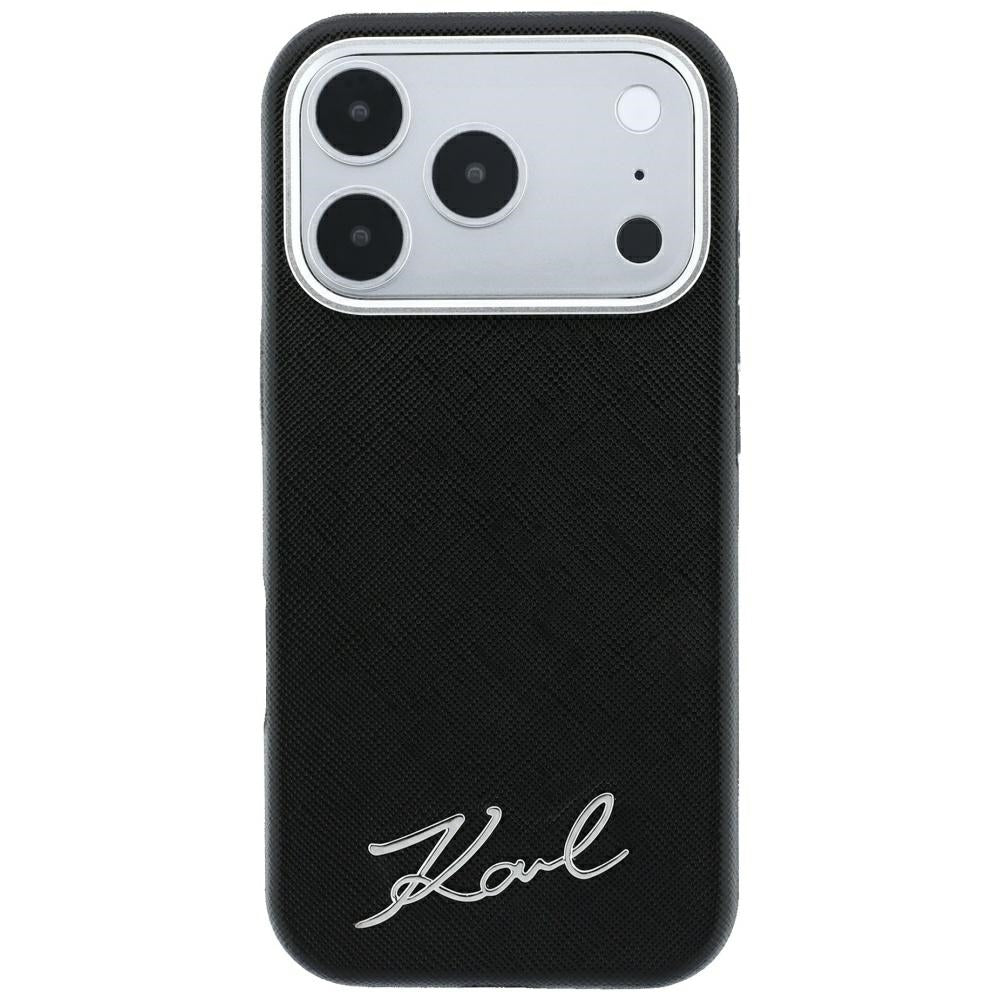 Custodia MagSafe per Apple iPhone 18 Pro / 17 Pro, Karl Lagerfeld, Saffiano Small Script Metal Logo, Nera