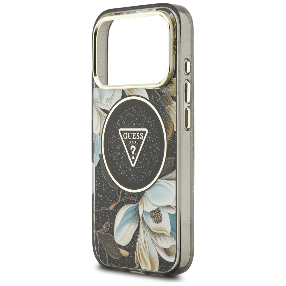 Custodia MagSafe per Apple iPhone 18 Pro, Guess, IML Metal Glitter Flowers Triangle, Nera