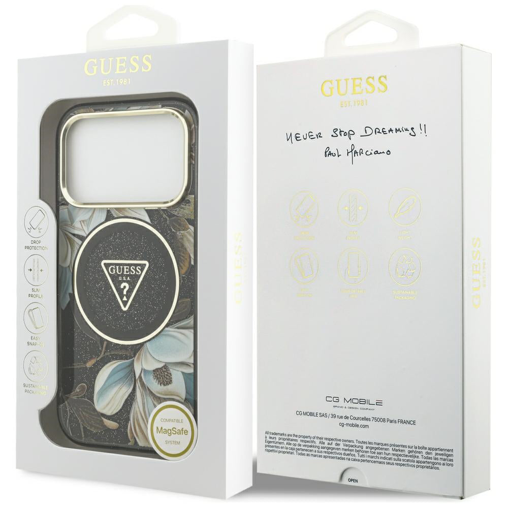 Custodia MagSafe per Apple iPhone 18 Pro, Guess, IML Metal Glitter Flowers Triangle, Nera