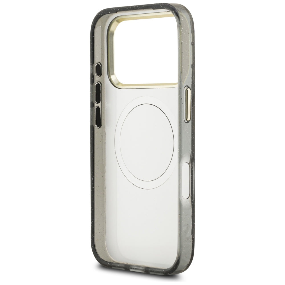 Custodia MagSafe per Apple iPhone 18 Pro, Guess, IML Metal Glitter Flowers Triangle, Nera
