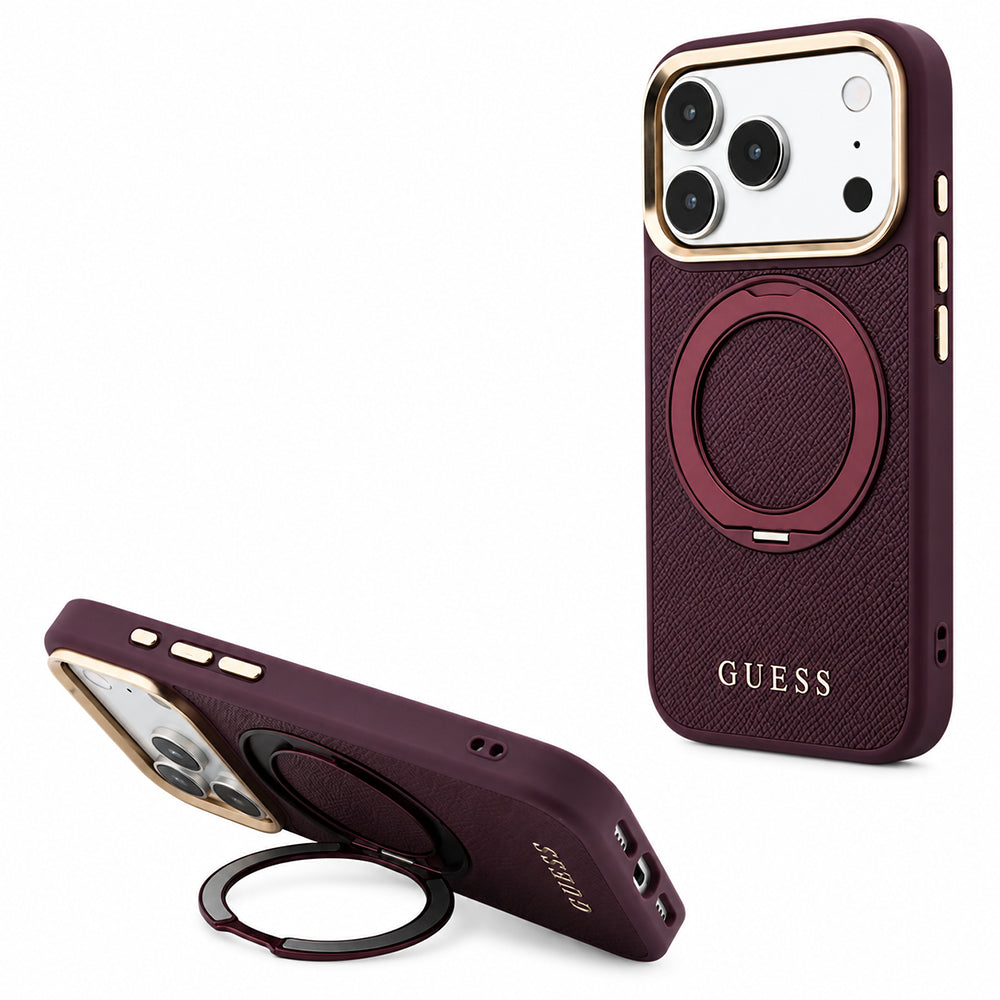 Custodia MagSafe per Apple iPhone 18 Pro Max / 17 Pro Max, Guess, Grained Ring Stand 360 Classic, Vinaccia