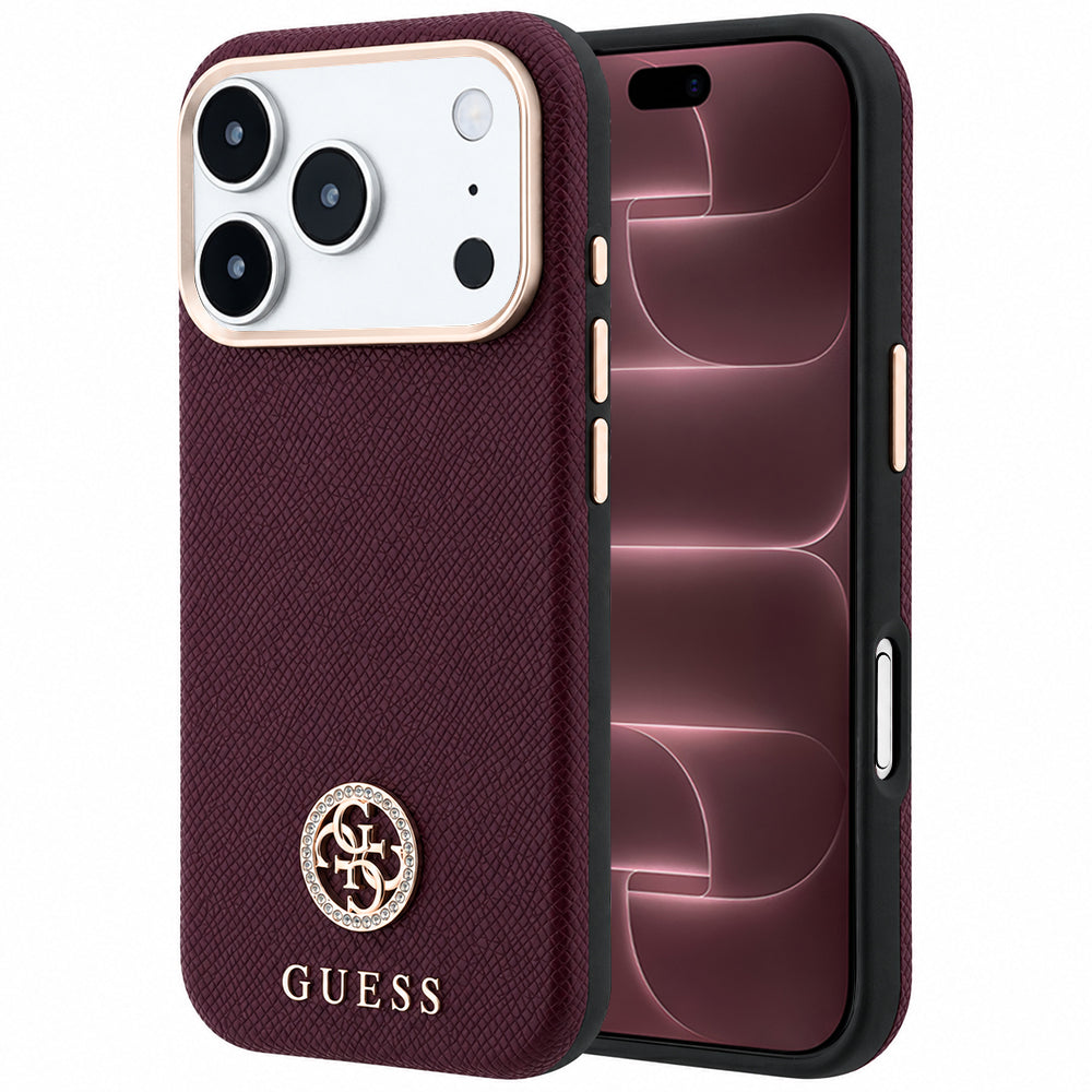 Custodia MagSafe per Apple iPhone 18 Pro Max / 17 Pro Max, Guess, Logo Rotondo con Strass Granulato, Vinaccia