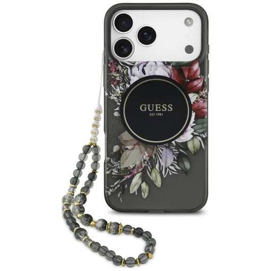 Custodia MagSafe per Apple iPhone 18 Pro Max / 17 Pro Max, Guess, IML Flowers with Pearl Strap, nera